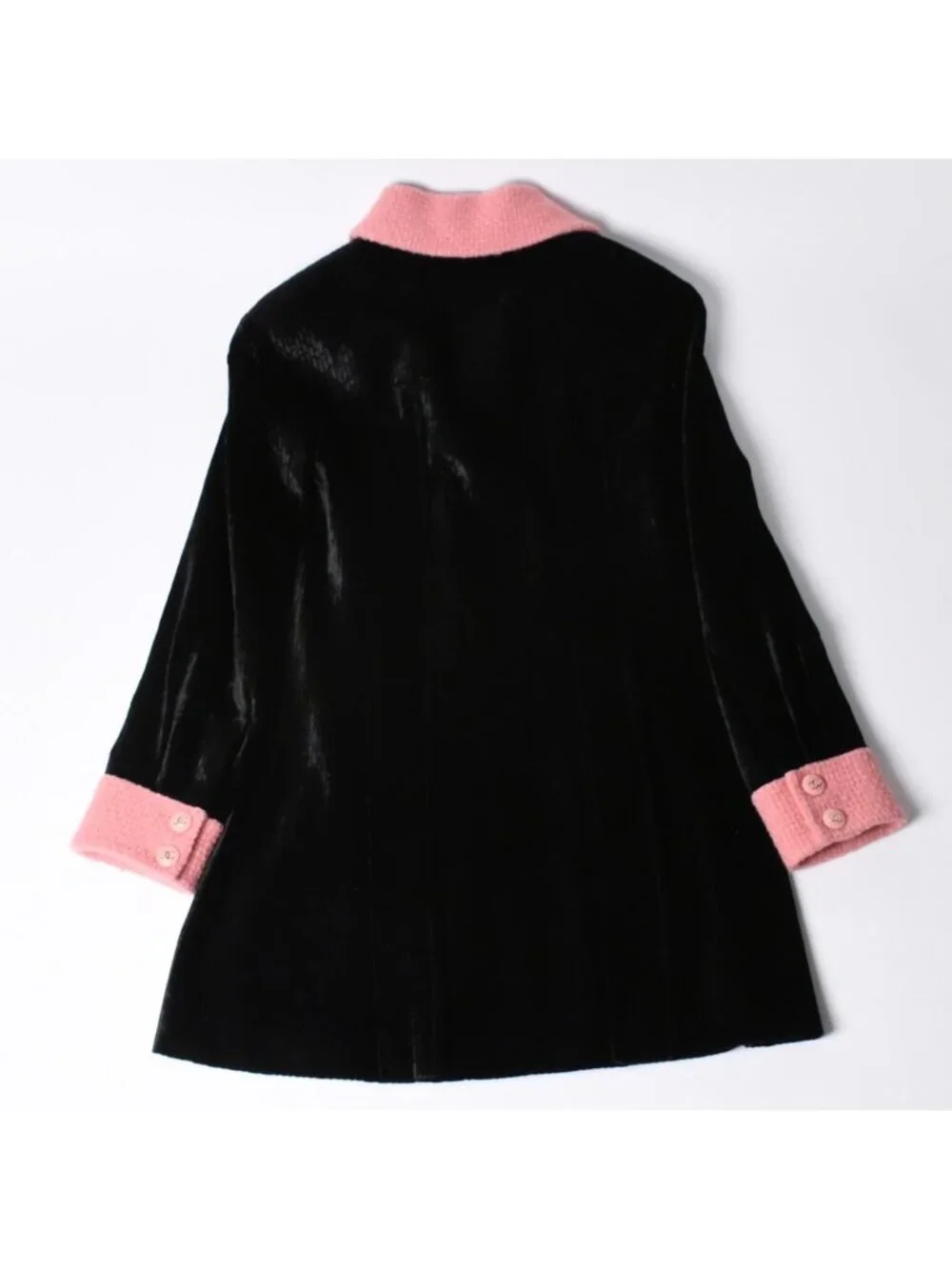 Chanel Long Coat CC Logo Corduroy Tweed Black Pink 36